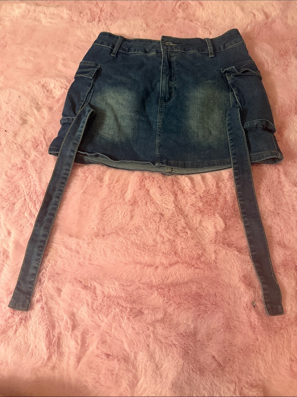 Dark Wash Denim Mini Skirt with Side Strap Details